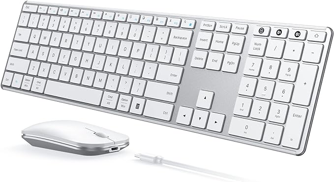 seenda Wireless Bluetooth Keyboard and Mouse Combo (USB + Dual BT), SKM64-3 Multi-Device Rechargeable Slim Keyboard and Mouse, Compatible for Win 7/8/10, MacBook Pro/Air, iPad, Tablet - White Silver