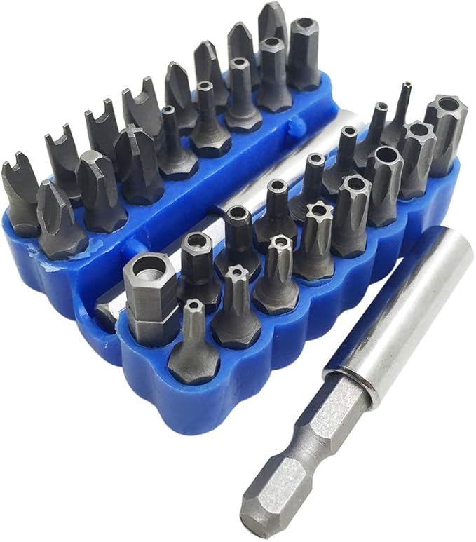 34 Pcs Screwdriver Bit Set with Magnetic Extension Bit Holder, FineGood Security Anti-Tamper SAE Metric Hex Tri-Wing Torq Spanner Star Bit - Blue