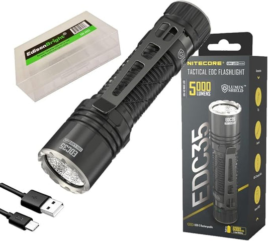 Nitecore EDC35 5000 Lumen LED USB-C Rechargeable Flood/spot Beam Tactical Flashlight, Battery, Paracord Lanyard with EdisonBright Accessory case