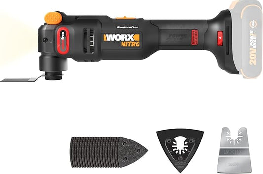 Worx Nitro 20V Cordless Oscillating Multi Tool with 5° Oscillation Angle, VibraFree Technology, Slim-body Design, Tool Only, 23 Pieces Accessories with Carrying Bag, WX698L.9