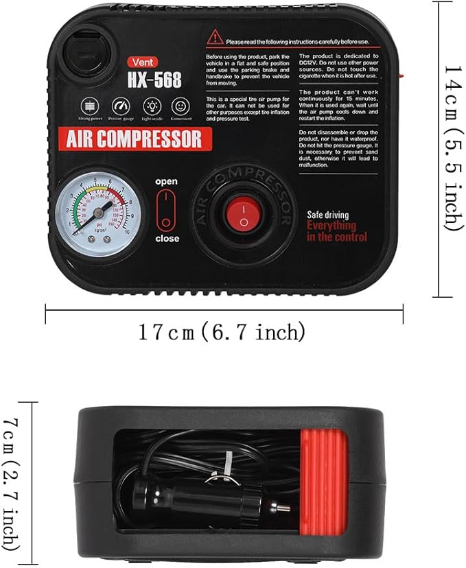 Portable Tire Inflator Air Compressor Pump Pressure with Tire Gauge Emergency and LED Light Vent for Car Motorcycle Bike Ball DC 12V Fast Inflation