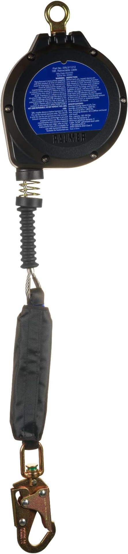 Palmer Safety SRL 18 FT. Leading Edge Self Retracting Lifeline I ANSI Z359.14-2021 Class 2 I SRL Device Swivel Top Galvanized Cable w/Small Steel Snap Hook I Fall Arrest Safety Yoyo