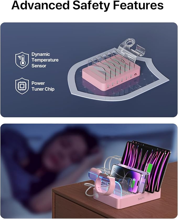 SooPii Premium 6-Port USB Charging Station Organizer for Multiple Devices, 6 Short Charging Cables and One Upgraded i-Watch Charger Holder Included, for Phones,Tablets and Other Electronics, Pink