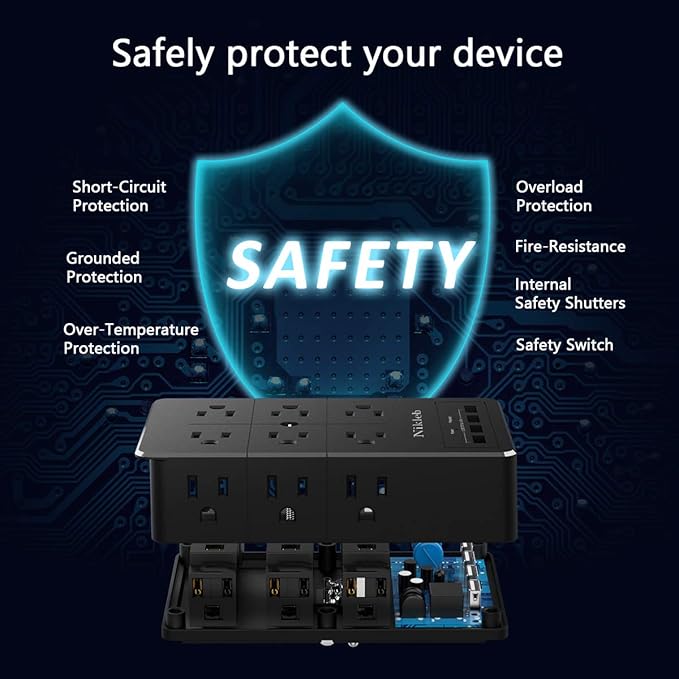 Surge Protector Nikleb, Wall Outlet with 4 USB Ports 5V 4.8A Total, 12 Multi Outlet Extender, Multiple USB Plug Adapter Wall Mount, Phone Chargier Organizer with Phone Holder, Heavy Duty