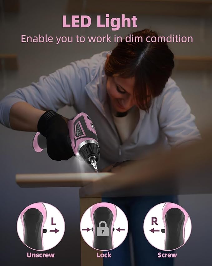 Cordless Electric Screwdriver Set, 8V 10Nm Rechargeable Power Electric Drill, Battery Screw Gun with Driver Bit, 320RPM/10+1 Torque, 2 Position Handle, Flexible Shaft LED Light (Pink, 39Pcs)