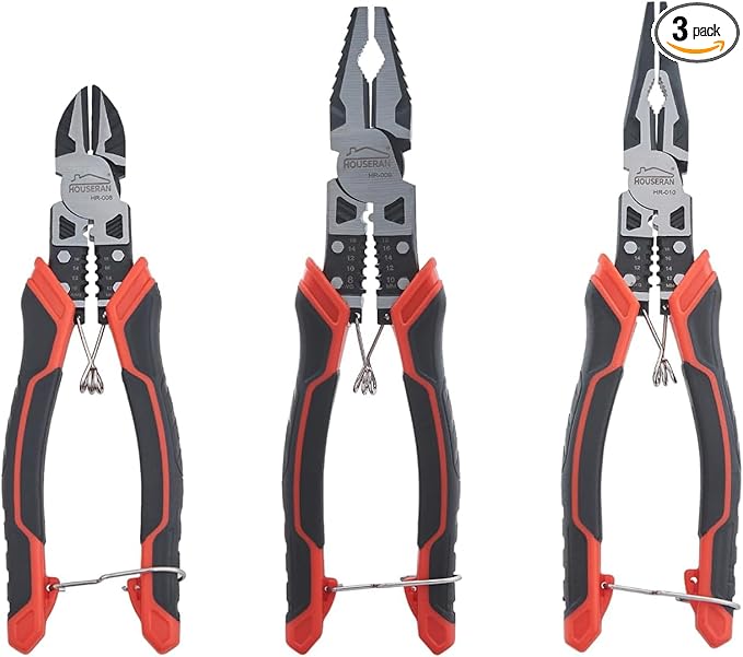 Pliers Set, HOUSERAN 3-Piece Plier Tool Set Including 8.3” Needle Nose Plierss, 8.3” Linemans pliers, 7.5” Diagonal Cutters, Spring Loaded with Safety Lock, Combination Plieres set