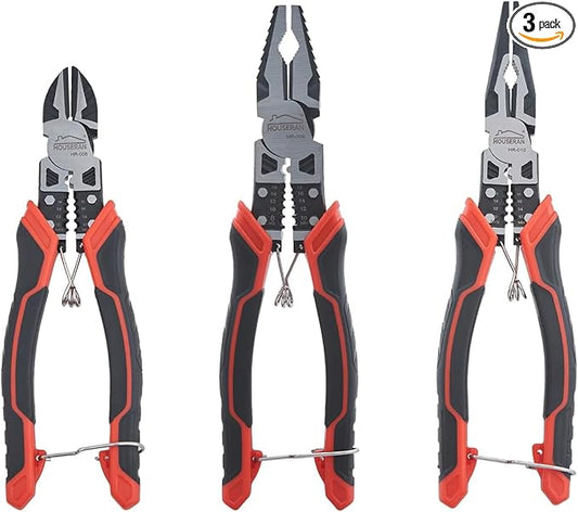 Pliers Set, HOUSERAN 3-Piece Plier Tool Set Including 8.3” Needle Nose Plierss, 8.3” Linemans pliers, 7.5” Diagonal Cutters, Spring Loaded with Safety Lock, Combination Plieres set