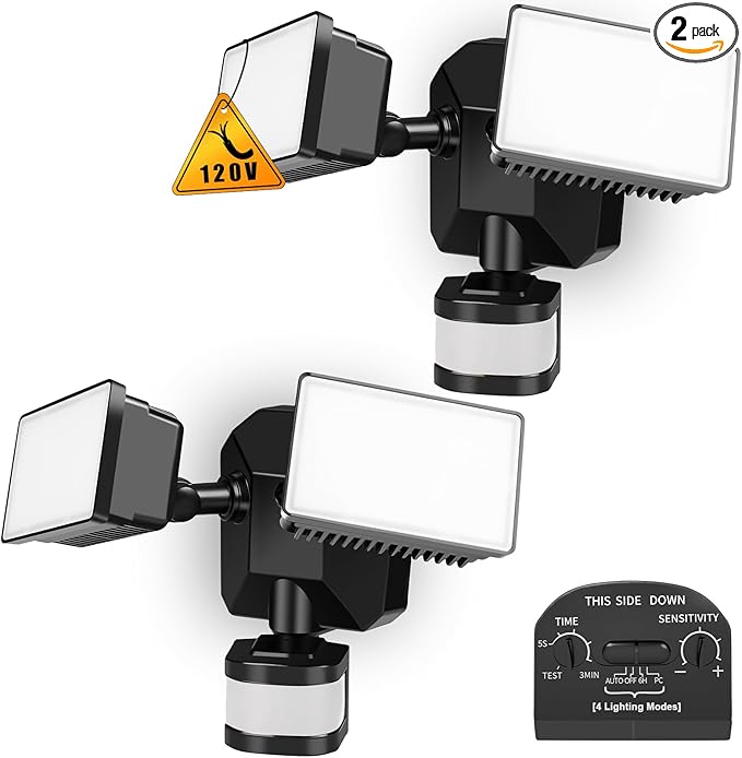 EMANER Dusk-to-Dawn Floodlights with Motion Sensor, 4 Lighting Modes, 2800lm 5000K Daylight White, IP65 Waterproof Outdoor LED Security Flood Light for Porch, Driveway, Garage (Black Fixture, 2-Pack)