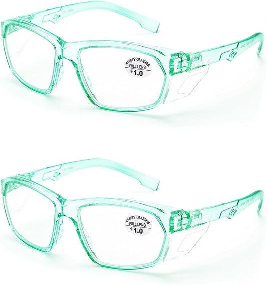 ProtectX Stylish Anti-Fog & Scratch-Resistant Safety Glasses With Readers, UV Protection Goggles, Anti-Impact Lightweight Glasses for Men＆Women Jade Reading 1.0-2 Pack
