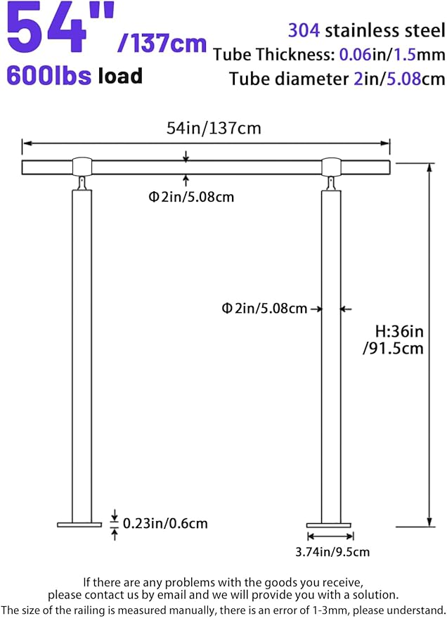 Outdoor 4 Step Handrail, DIY 304 Stainless Steel Transitional Hand Rails with Installation Kit,Silver Porch Stair Railing for Concrete Brick or Wooden Steps, 54x36