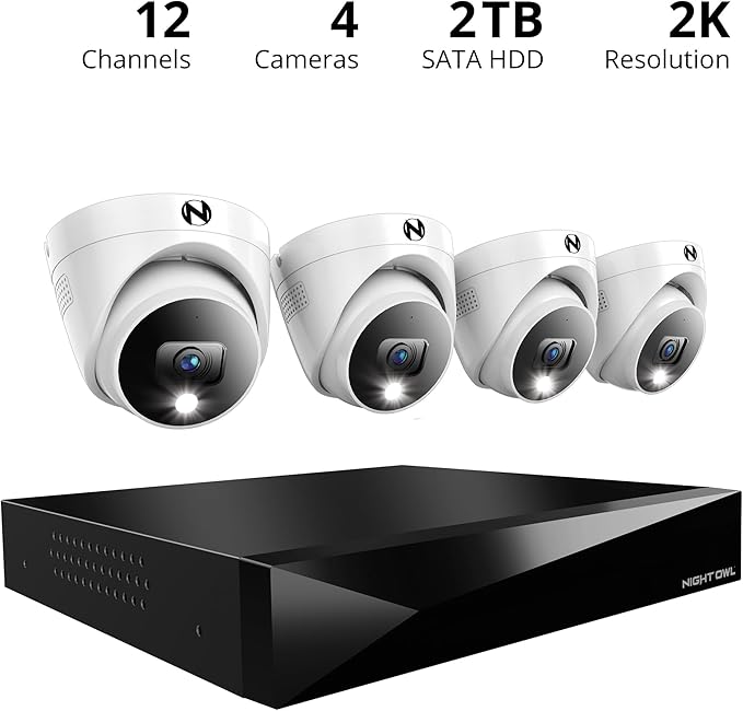 Night Owl 2-Way Audio 12 Channel DVR Video Home Security Camera System with (4) Wired 2K HD Indoor/Outdoor Deterrence Dome Cameras and 2TB Hard Drive (Add up to 4 Wi-Fi Cameras) (4 Camera)