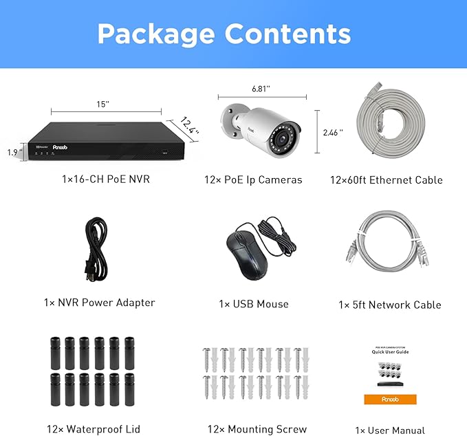 16 Channel Security Camera System, 4K 16CH PoE NVR 4TB HDD, 12PCS 8MP Wired Outdoor Home Surveillance IP PoE Cameras w/AI Human Vehicle Detection, Remote Playback Built-in Mic, PB37F1216-8M