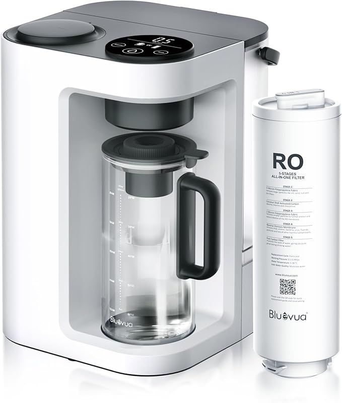 Bluevua RO100ROPOT-Lite(UV) Reverse Osmosis System Countertop Water Filter, 7-Stage Purification with UV and Remineralization, TDS & Filter Life Monitoring, Portable Water Purifier, White