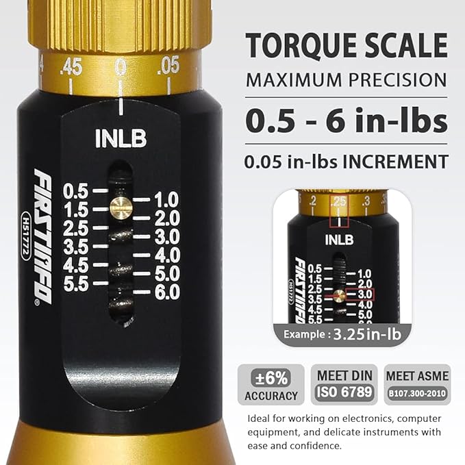 FIRSTINFO H51772 Ultra Precision Certified Torque Limiting Screwdriver, 1/4 Inch Universal Hex Quick Release Bit Holder, Torque Range 0.5-6 in-lbs