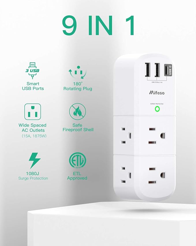 Surge Protector USB Outlet Extender, 6 AC Multi Plug Outlet and 3 USB Ports (1 USB C), 3-Sided Swivel Power Strip Outlet Splitter for Home, Dorm Room Essentials (2 Pack)