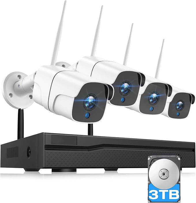 Wireless Security Camera System with 3TB HDD - 4 Outdoor Bullet Cameras & 8CH NVR for 24/7 Recording - IP66 Weatherproof, Remote Access, Plug-and-Play Home CCTV Setup
