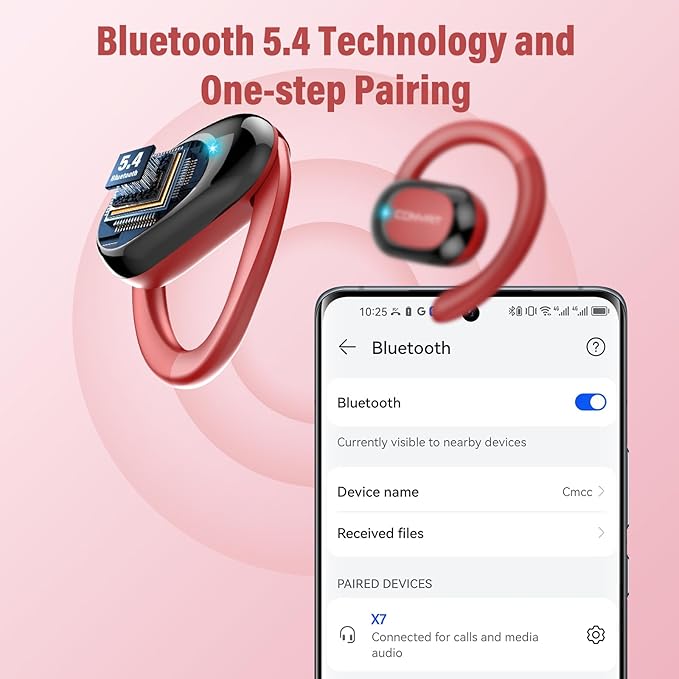 Open Ear Headphones, Wireless Bluetooth 5.4 Earbuds with Big Earhooks, Ultra-Comfort Open Ear Earbuds, 58 Hours HD Stereo Sound Over Ear Earphones, IP7 Waterproof Headset for Workouts, Red