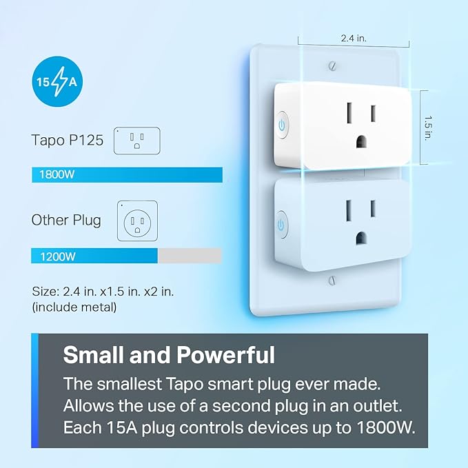 TP-Link Tapo Apple HomeKit Smart Plug Mini, Compact Design, 15A/1800W Max, Super Easy Setup, Works with Siri, Alexa & Google Home, UL Certified, 2.4G Wi-Fi Only, White, Tapo P125(4-Pack)