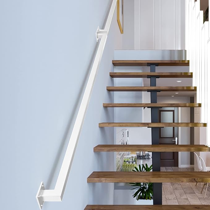 5FT White Iron Hand Railing, Sturdy Safety Staircase Handrails Wall Mount, 500lbs Load Capacity Industrial Iron Railing Pipe Handrail for Indoor Stairs, Outdoor Deck Loft Porch, Non-Slip and Rust