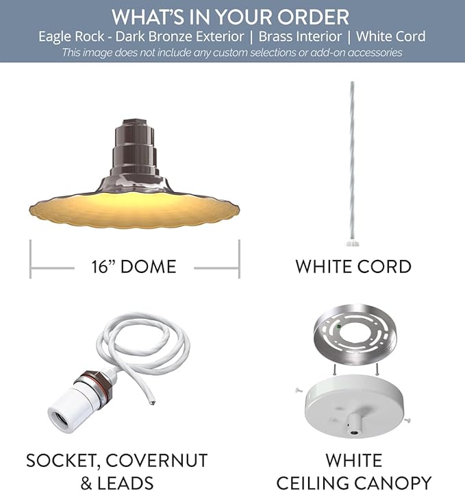 Steel Lighting Co. Eagle Rock Pendant | Ceiling Mounted Light | 16 inch Radial Wave | 4' White Cord | Heavy Duty Steel Retro Farmhouse Style Made in America | Dark Bronze Exterior/Brass Interior