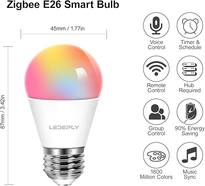 Zigbee A15 Smart Bulbs, Compatible with Hue*, Alexa, Google & ConBee (Hub Required),E26, 5W=40W, Color Changing, Dimmable WiFi Light Bulbs, 2Pack