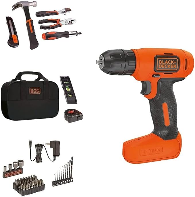 BLACK+DECKER 8V MAX 57-Piece Cordless Drill and Household Tool Kit for Home with Tool Storage Bag (BDCD8PK)