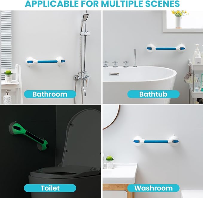 TAILI Shower Grab Bar Glow in The Dark, 2 Pack 16.8 in Grab Bars for Bathtubs and Showers,Shower Handles Shower Rails for Seniors and Elderly,Bathroom Safety Grip Removable No Drilling Waterproof Blue