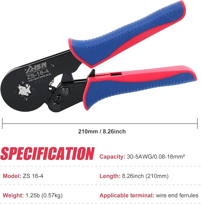 Zhushan HSC16-4 Ferrule Crimp Tool Kit,Wire Ferrule Crimper AWG 30-5 (0.08-16mm²) with 1000PCS Ferrule Connectors Wire Ends Terminals