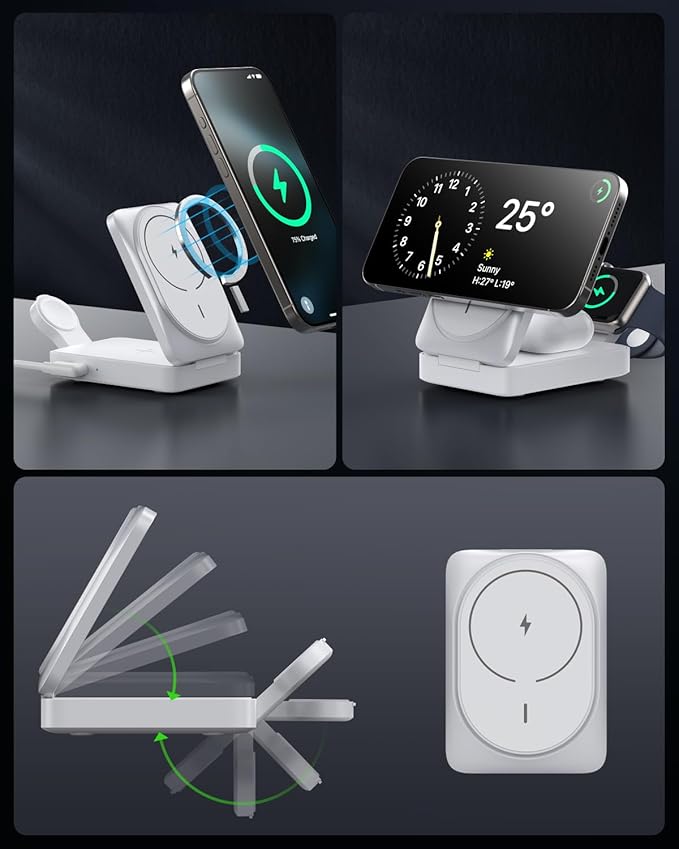 3-in-1 Wireless Charger Charging Station for iPhone, Qi2 Certified 15W Fast Charging Foldable Magnetic Charger Stand with 30W USB C Adapter for MagSafe iPhone 16/15/14/13/12, Apple Watch, AirPods