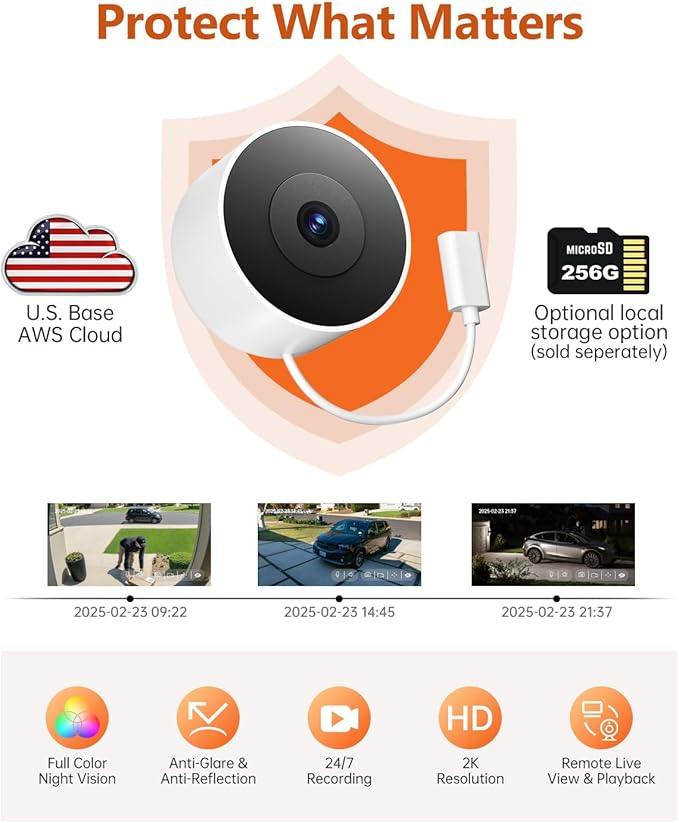 Window Camera - 2K 2.4G WiFi Indoor Security Camera with Blacklight Full-Color | U.S. Cloud | Instant 911 Alert | Night Vision, 24/7 Recording, Simple 5-Min Setup, 2-Way Audio
