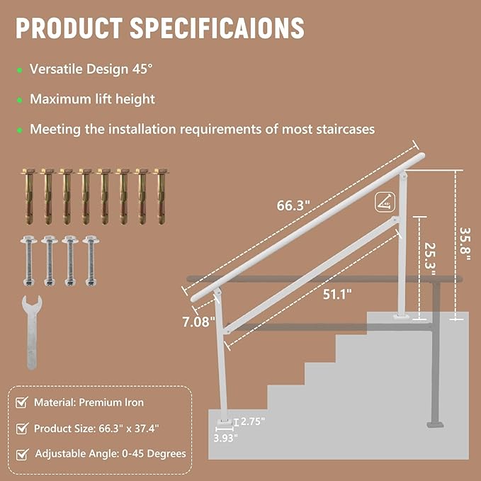Hand Rails for Outdoor Steps,4-5 Step Railing for Stairs,Adjustable Porch Railing,Hand Rails for Seniors,Outdoor Deck Handrails for Exterior Steps,White