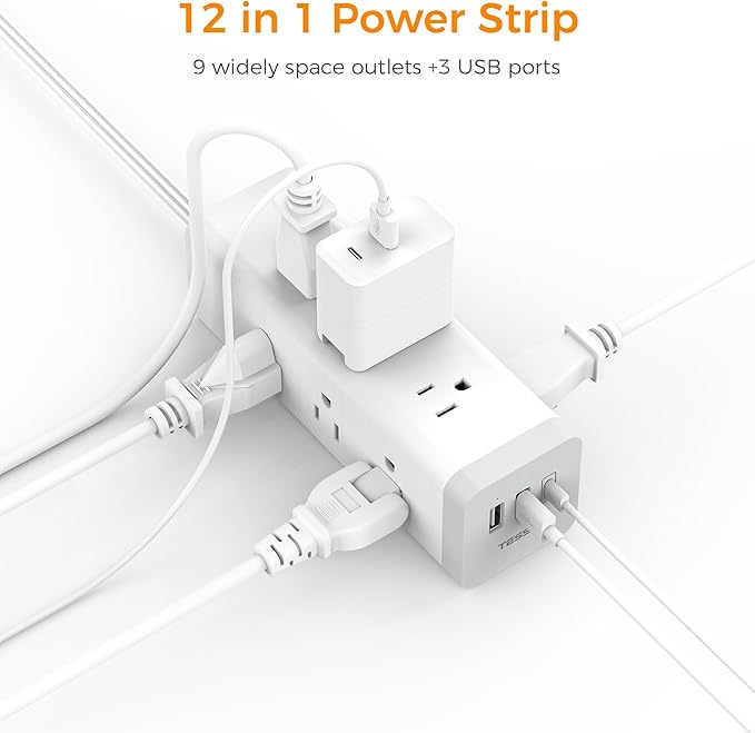 Surge Protector Power Strip with USB, TESSAN Ultra Thin Flat Plug 6 FT Extension Cord with 9 Outlets 3 USB(1 USB C), 1050 J Surge Protector Charging Station for Indoor,Office, Dorm Room Essentials
