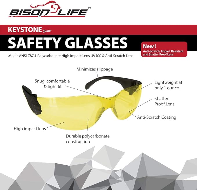 BISON LIFE Keystone Color Lens Safety Glasses | Anti Scratch | Impact Resistance | ANSI Z87.1 Standard | UV 400 Protection