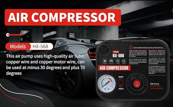 Portable Tire Inflator Air Compressor Pump Pressure with Tire Gauge Emergency and LED Light Vent for Car Motorcycle Bike Ball DC 12V Fast Inflation