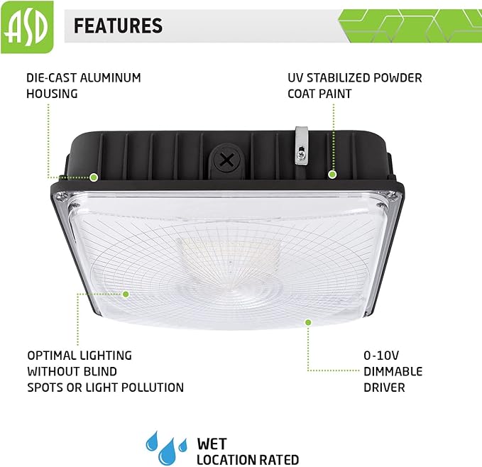 ASD LED Canopy Light 100W UL & DLC Listed, led Canopy Lights Outdoor and Indoor, Dimmable 0-10V, 12050lm, 5000K, 11"x11", 120-277V, IP65, -4℉—104℉, Brown