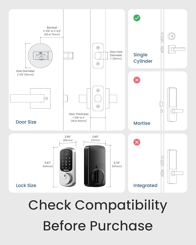 DESLOC Smart Door Lock B200, Smart Deadbolt Lock, Keyless Entry Door Lock, Fingerprint Deadbolt Smart Lock, Smart Locks for Front Door, App Control, Touchscreen Keypad Deadbolts,12-Month Battery, IP54
