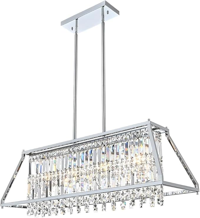 Crystal Chandelier Light for Dining Room, 4-Light Trapezoidal Industrial K9 Crystal Pendant Lights with Metal Frame Pendant Lamp for Kitchen Island Living Room Entryway (Chrome)