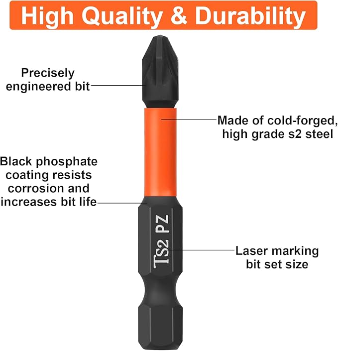Pro PZ2 Screwdriver Bit Set - Pozi Screwdriver 10 Pieces, 50mm Length, 1/4" Hex Shank Bit Assortment, with Storage Box