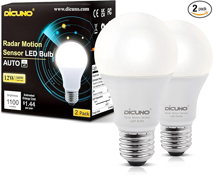 DiCUNO Radar Motion Sensor Light Bulbs Outdoor, 12W (100W Equivalent), Motion Sensor Bulb Auto On/Off, Daylight White 5000K, 1100 LM, A19 E26 Indoor/Outdoor Lighting for Front Porch Garage, 2-Pack