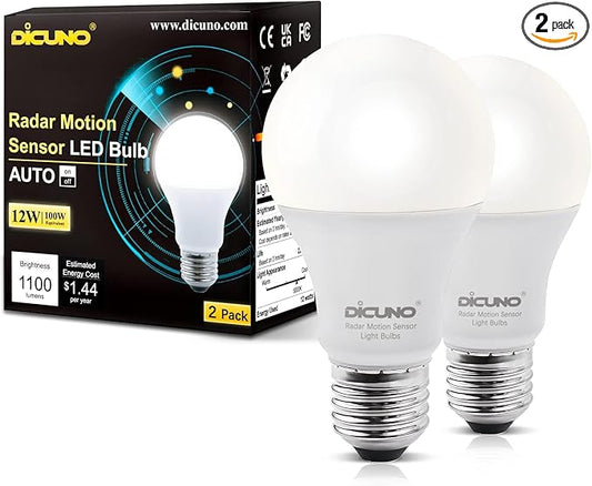 DiCUNO Radar Motion Sensor Light Bulbs Outdoor, 12W (100W Equivalent), Motion Sensor Bulb Auto On/Off, Daylight White 5000K, 1100 LM, A19 E26 Indoor/Outdoor Lighting for Front Porch Garage, 2-Pack