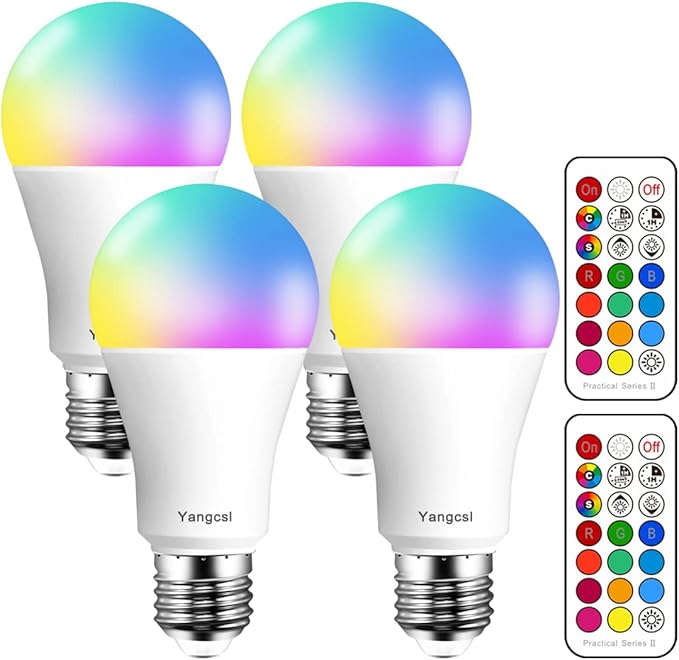 LED Light Bulbs 70W Equivalent, RGB Color Changing Light Bulb, 2 Moods/Memory/Sync/Dimmable, A19 E26 Screw Base, Timing Remote Control Included (Pack of 4)