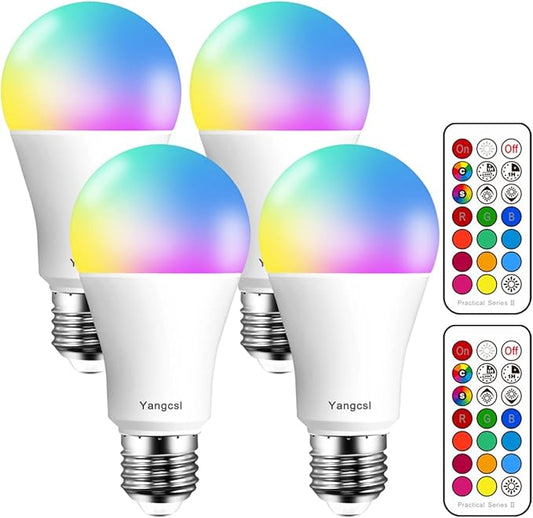 LED Light Bulbs 70W Equivalent, RGB Color Changing Light Bulb, 2 Moods/Memory/Sync/Dimmable, A19 E26 Screw Base, Timing Remote Control Included (Pack of 4)