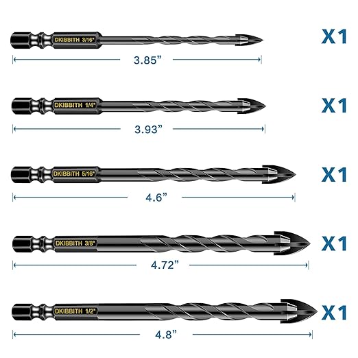 5 Pcs Masonry Concrete Drill Bit Set for Tile Brick Glass Plastic Wood, Tungsten Carbide Tip, Hex Shank, Work with Ceramic Porcelain Tile Wall Mirror Paver 3/16" 1/4" 5/16" 3/8" 1/2" Drill Bit Set