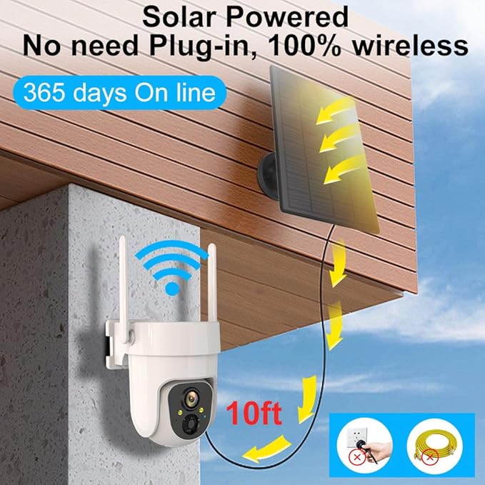 Wireless Solar Outdoor Security PTZ AI Motion Detection Audio WiFi Camera,Home Security,Spotlight Colorful Night Vision,360 View,IP65 Waterproof,PIR Alarm,Rechargeable