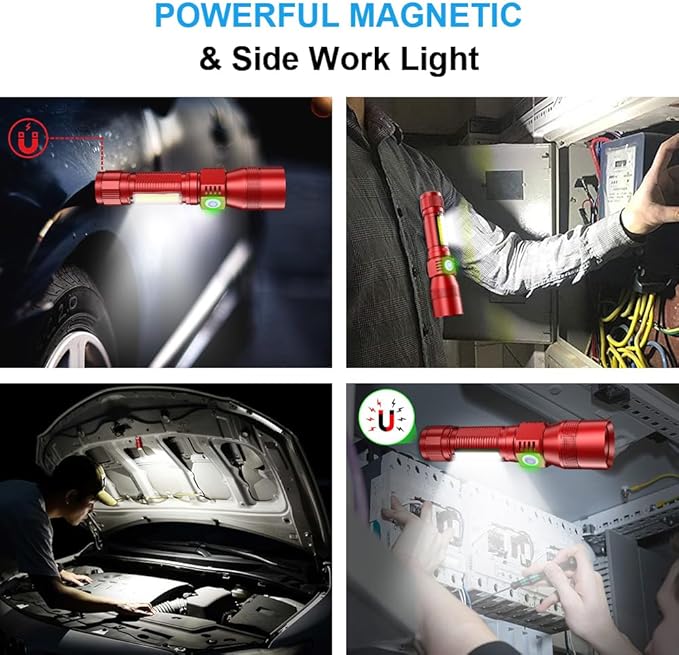 UV Flashlight Rechargeable, Black Light Flashlight with Magnet&Side Work Light 3in1 Tactical Flashlight Blacklight&Redlight, Zoomable, Waterproof LED Torch for Pet Urine Detector, Red,2Pcs
