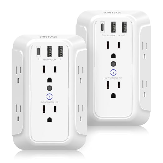 [2-Pack] USB Wall Charger,Surge Protector,6 Outlet Extender with 3 USB Charging Ports(1 USB C Outlet,3.4A) 900J Power Strip Multi Plug Outlets,Wall Mount Power Strip for Home Travel Office ETL Listed
