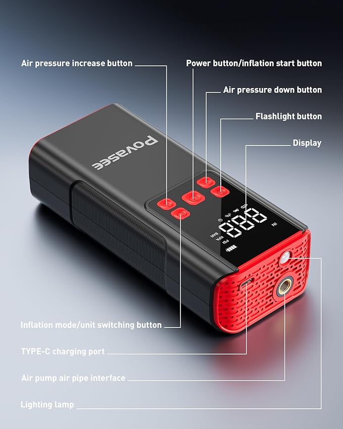 Tire Inflator Portable Air Compressor Povasee 150PSI Portable Air Pump for Tires Cordless Car Tire Inflator with LCD Display,Flashlight, 2X Tire Pump Faster suit for Cars Bikes Motorcycle Ball