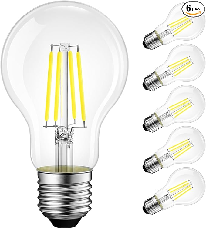LVWIT A19 LED Vintage LED Filament Bulb E26 Base Dimmable 7W (60W Equivalent)，5000K Daylight White 800 Lumens，Omnidirectional, UL-Listed, Pack of 6
