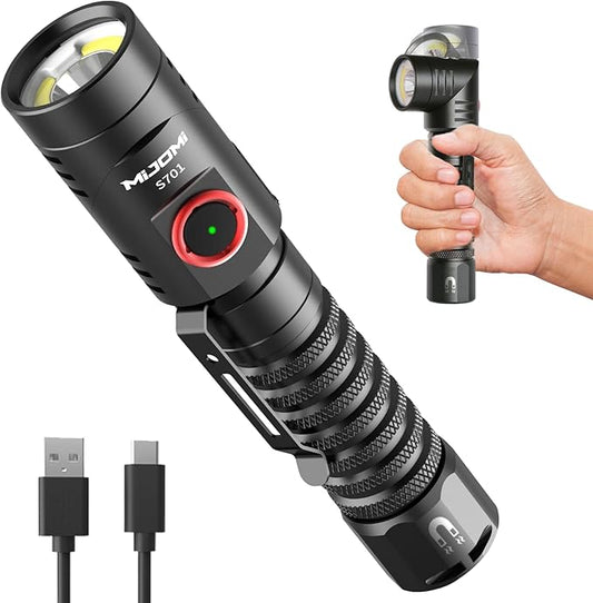Flashlight, Rechargeable Flashlight with 1300 High Lumen Dual Modes Spotlight and Floodlight, 90 Degree Swivel Head with Magnet Max 22H Runtime, for Work, Repair, Emergency S701