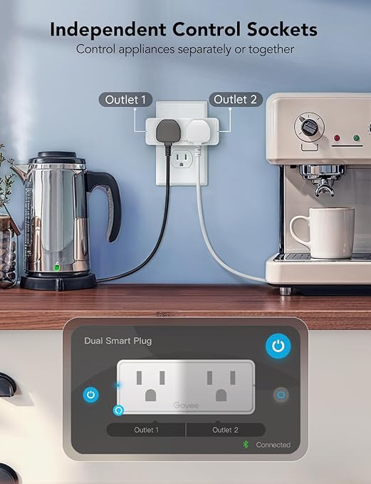 Govee Dual Smart Plug 2 Pack, 15A WiFi Bluetooth Outlet, Work with Alexa and Google Assistant, 2-in-1 Compact Design, Govee Home App Control Remotely with No Hub Required, Timer, FCC and ETL Certified